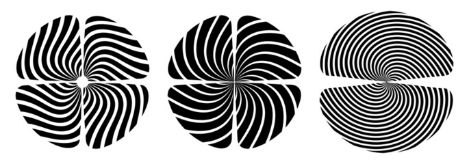 Set of three abstract geometric vector symbols, isolated on white background. Four striped petals. Flat design style.  Black and white simple vector illustration.