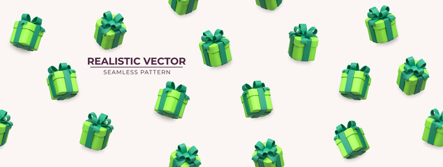 Vector seamless pattern with gift boxes. Pattern with green gift boxes. Fresh colors for spring holidays. Festive backdrop with gift boxes. Exquisite 3d objects. Realistic vector - 474965568