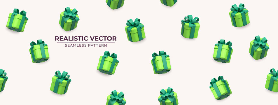 Vector seamless pattern with gift boxes. Pattern with green gift boxes. Fresh colors for spring holidays. Festive backdrop with gift boxes. Exquisite 3d objects. Realistic vector