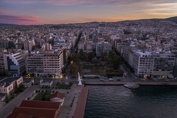 Aerial sunrise view of Eleftherias Square in Thessaloniki, Greece.