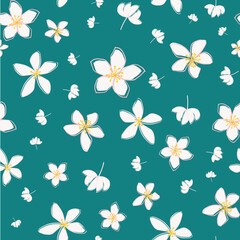 Jasmine floral vector seamless pattern background. Line art hand drawn flower heads, blossom, petals.Teal pink white backdrop.Botanical repeat for medicinal healing plant. All over print for wellness