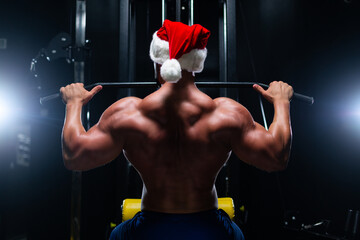 Handsome fitness man in Christmas hat is performing back workouts using thrust of the upper block...