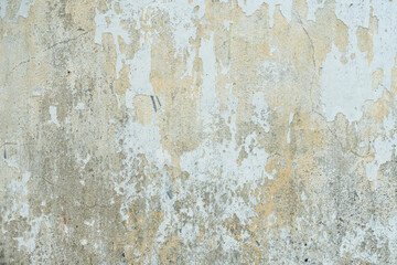 Empty background is an old painted concrete wall. The texture of the wall with cracks, lichen and mold. A destroyed building after a cataclysm or tornado.