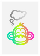 Thick line illustration with colorful gradient of a monkey's face with closed eyes and thinking with a thought cloud above it.