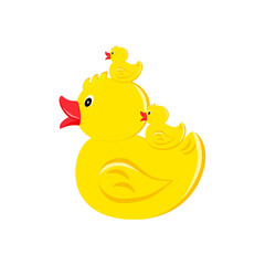 Toy duck with ducklings, in a flat style. Isolated on white background vector illustration.