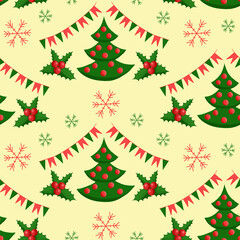Naklejka na ściany i meble pattern Christmas tree with red balls and green leaves, flags and snowflakes