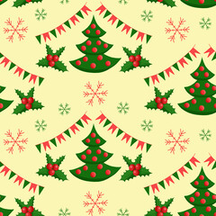 pattern Christmas tree with red balls and green leaves, flags and snowflakes