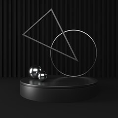 Black podium, pedestal or platform with silver elements. Advertising place scene.  3d Rendering