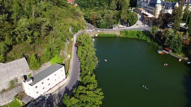 View of the Hunguest Hotel Palota and H&aacute;mori Lake in the village of Lillaf&uuml;red. Drone Video. Hungary. Europe