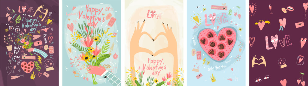 Valentine's Day! February 14. Set of vector illustrations. Simple, minimalistic, holiday cards.