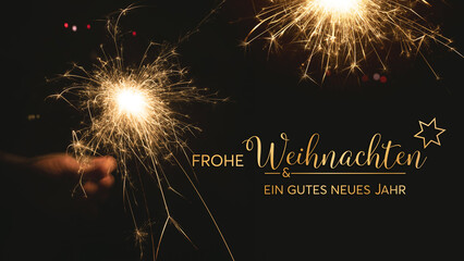 Christmas and new year greeting card with burning sparklers on night sky. Background for merry christmas and new year wishes for german greeting card or banner.
