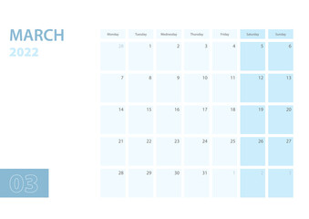 Calendar template for the March 2022, the week starts on Monday. The calendar is in a blue color scheme.