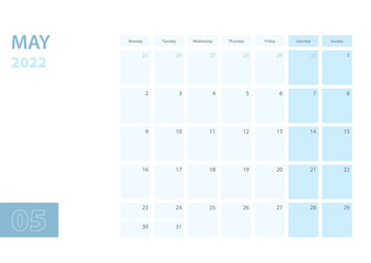 Calendar template for the May 2022, the week starts on Monday. The calendar is in a blue color scheme.