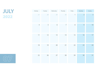 Calendar template for the July 2022, the week starts on Monday. The calendar is in a blue color scheme.