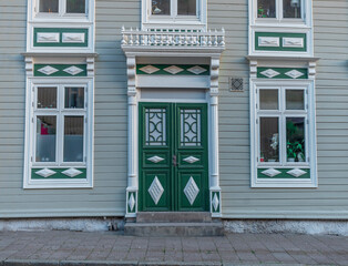 Wooden door of an old house in Kungälv, Sweden