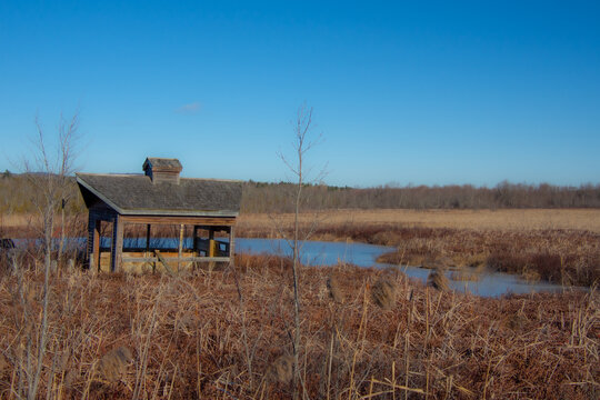 View over part of the Cherry river swamp and its old abandoned hut
in Magog, Quebec, Canada
