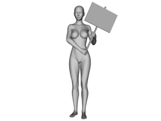 Naked woman with an empty billboard in her hands on a white background