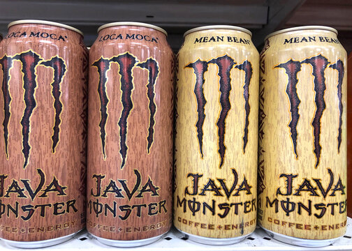 Alameda, CA - Nov 23, 2021: Grocery store shelf with Monster brand Java. Coffee plus Energy drinks. Loca Moca and Mean Bean versions
