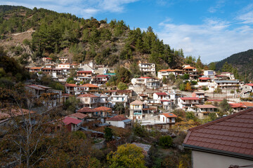 Obraz premium Mountainagrotourism holiday villages in the forest. Milikouri at Troodos mountains in Cyprus.