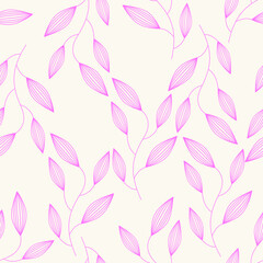 Fototapeta na wymiar Beautifull tropical flowers and leaves seamless pattern design. Vector hand drawn leaves seamless pattern. Abstract trendy floral background. Repeatable texture.