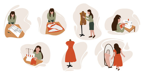 A woman tailor sits at a table and sews on a machine in a tailor shop. Set. Fashion designer, dressmaker, seamstress, sewing workshop or courses, tailoring concept. Flat vector.