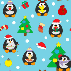Seamless vector pattern with cute cartoon Christmas Penguin