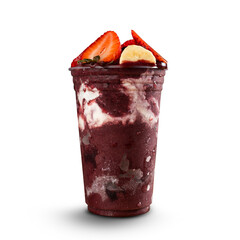 Brazilian Frozen A&ccedil;ai Berry Ice Cream Smoothie in plastic cup with Bananas, Strawberry and Condensed Milk. isolated on white background. Front view for menu and social media