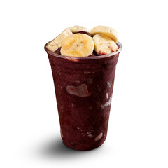 Brazilian Frozen Açai Berry Ice Cream Smoothie in plastic cup with Bananas. isolated on white background. Front view for menu and social media