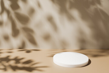 Abstract minimal nature scene - empty stage and white circle podium on beige background and soft...