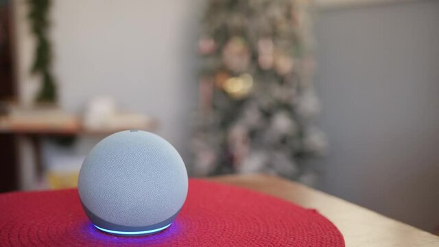 Turning holiday tree off and on with voice commands and smart speaker device.