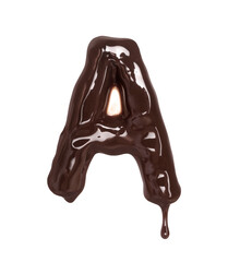 Latin letter A with dripping drop is made of melted chocolate, isolated on white background