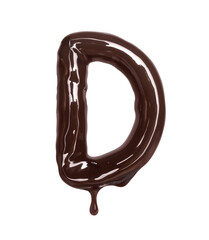 Latin letter D with drop is made of melted chocolate, isolated on white background