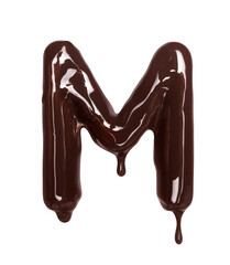 Latin letter M with drop is made of melted chocolate, isolated on white background