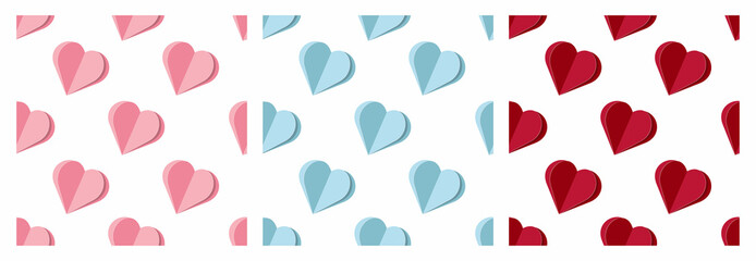 Set of trendy seamless patterns with  hearts isolated on white background . Origami style. Creative Valentine's Day confetti background. Ideal for wrapping paper, textile, fabric, card making. Vector