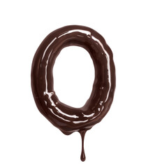 Latin letter O with drop is made of melted chocolate, isolated on white background