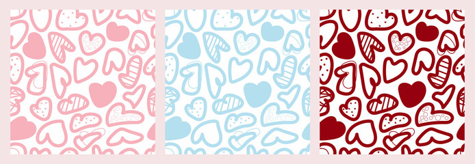Set of seamless pattern with doodle hearts, Valentines vector cute background,  trendy design. Holiday hand drawn print. Ideal for print in wallpaper, fabric, kids clothes, wrapping, postcards.