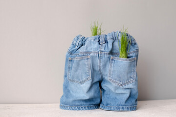Creative concept of clothing recycling. Ecological and sustainable denim. Zero and fabric waste.