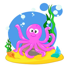 Cute pink octopus on the seabed