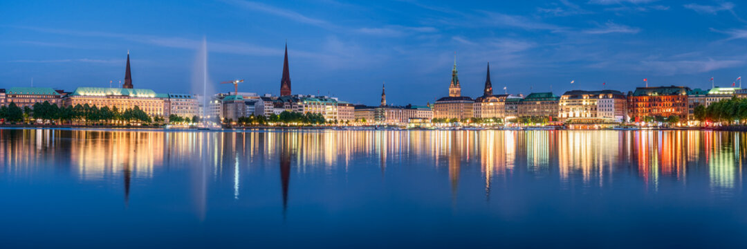 Binnenalster (Inner Alster Lake) panorama at night, Hamburg, Germany