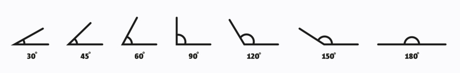 Angle line art icons set. 180, 150, 120, 90, 60, 45 30, degree measure. Math geometric design element. Technical architect blank. Trigonometry templates. Triangle sign. Vector illustration