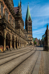 Fototapeta premium Rathausplatz marktplatz or market square in the historical center of the medieval Hanseatic city of Bremen, Germany, July 15, 2021