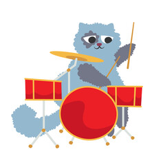 Cat plays the drums. Cute character in doodle flat style