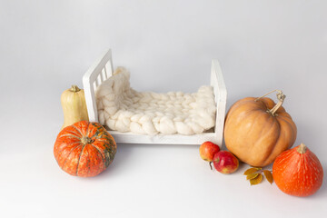 bed for children's photo shoots. background texture for photo of a newborn. wooden bed and decor from autumn pumpkins