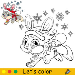 Coloring cute happy Christmas rabbit vector illustration