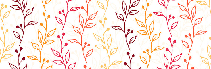 Berry bush sprigs organic vector seamless pattern. Boho floral fabric print. Meadow plants leaves and stems illustration. Berry bush sprouts summer seamless design
