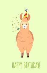 Happy birthday card with funny alpaca. Congratulation from cute llama