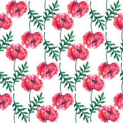 Foto op Plexiglas Seamless pattern with red poppy flowers. Watercolor papaver. Green stems and leaves. Hand drawn botanical illustration. On white. Texture for print, fabric, textile, wallpaper. © Taity