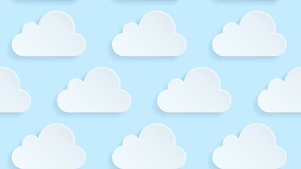 Fototapeta premium Many white clouds on light blue background, seamless pattern. Graphic, modern and trendy conceptual abstract illustration in 4k resolution.