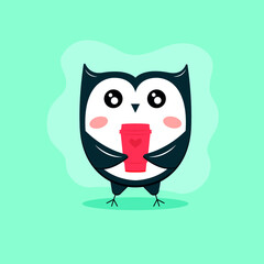 Owl illustration in flat style. Hand drawn cartoon animal print for kids or babies t-shirt design, room decoration, greeting cards, posters. Cute character with cup of coffee. Vector