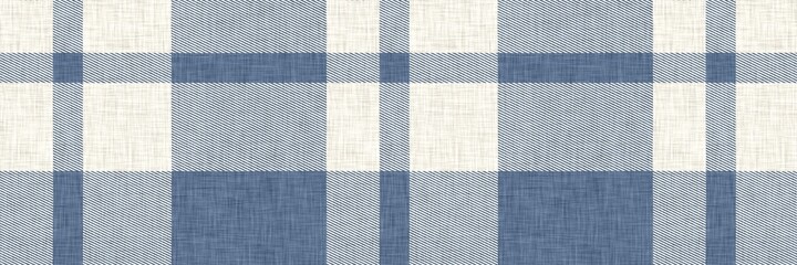 French farmhouse blue plaid check seamless border pattern. Rustic tonal country kitchen gingham fabric effect. Tartan cottage 2 tone background ribbon trim edge. - obrazy, fototapety, plakaty